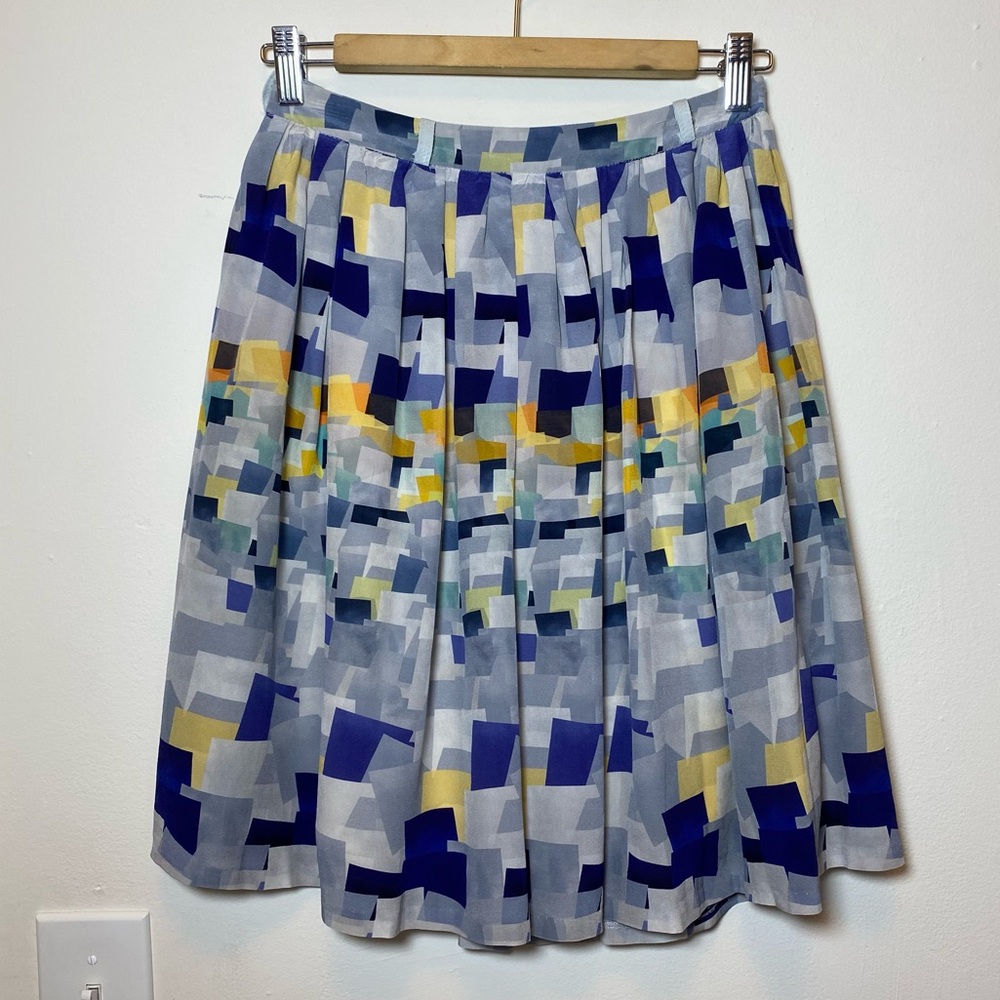 Cacharel Vintage Colorblock Geometric Print Pleated Silk Knee-Length Skirt Small